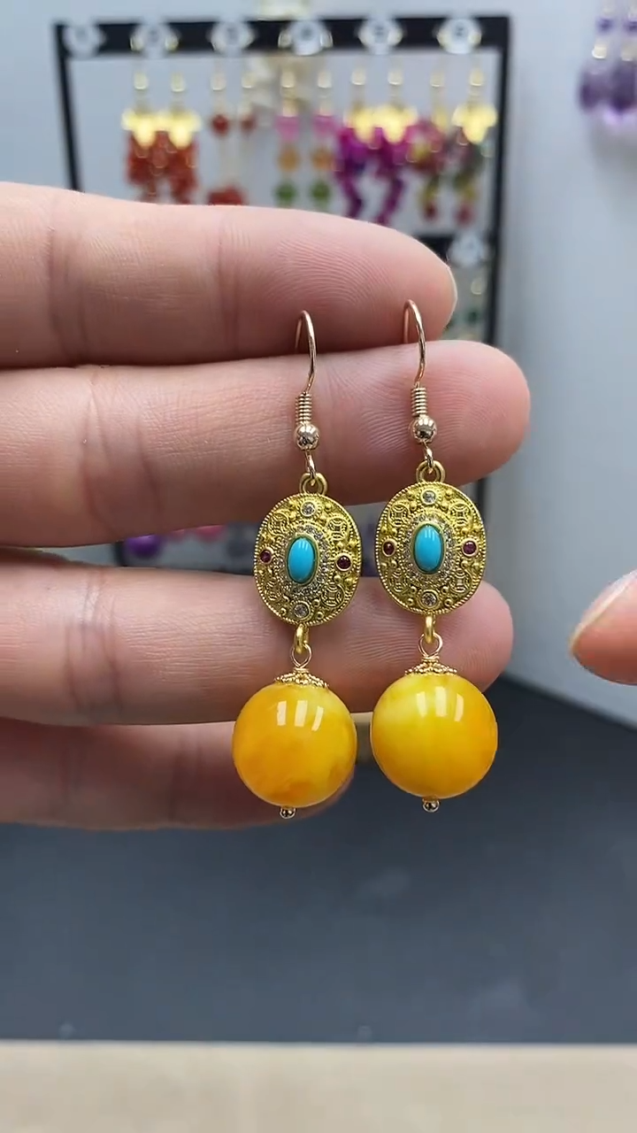 【闪购商品】蜜蜡耳饰银S925镀金镶嵌尺寸14mmQ9