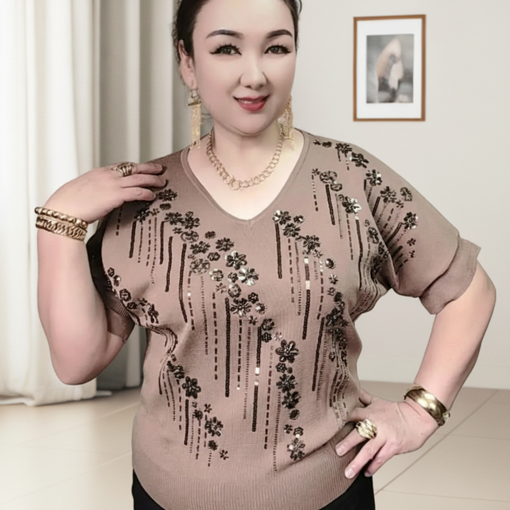 گەرىس گاڭسەر V领重工刺绣带钻显瘦宽松中老年妈妈装针织衫上衣