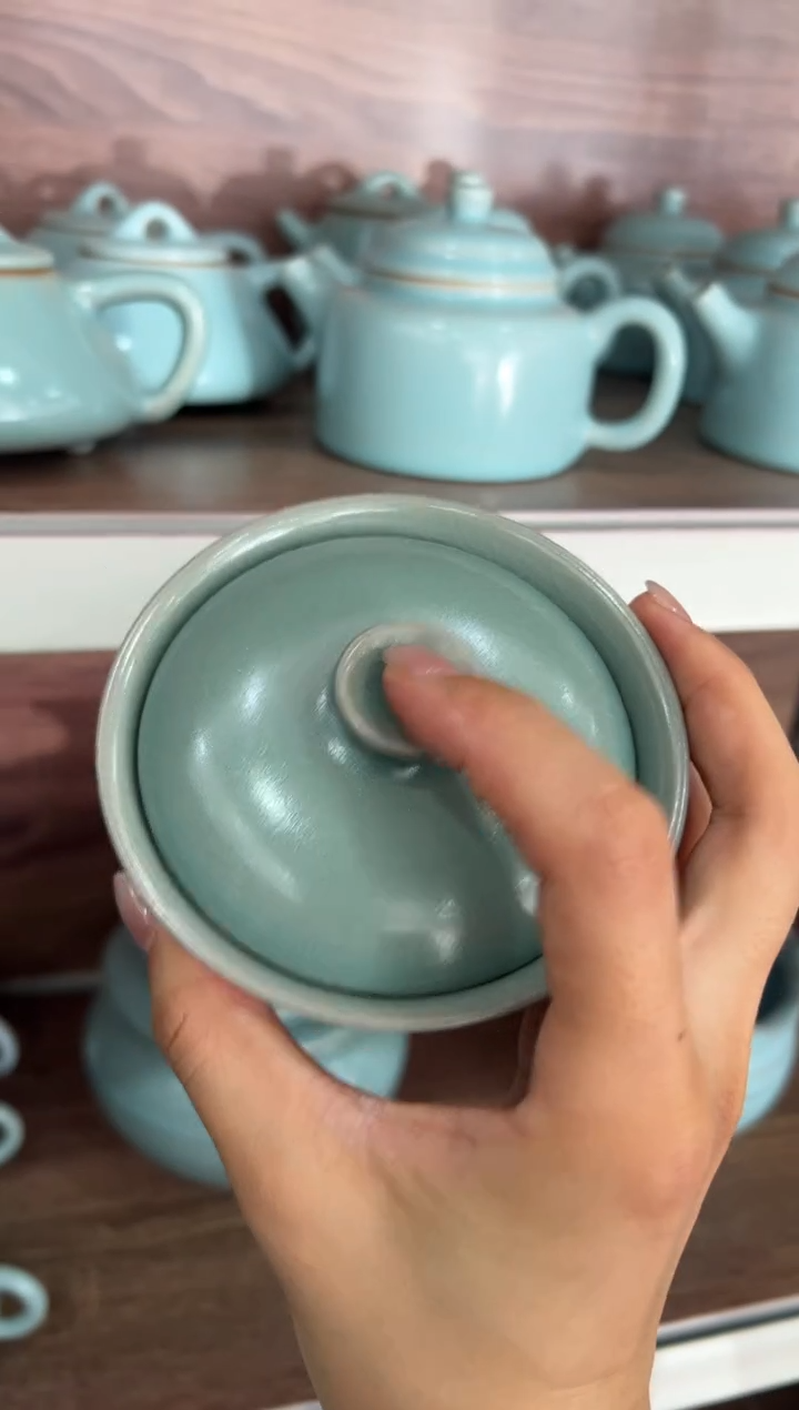 杯仿古翡翠绿釉两才元宝盖碗