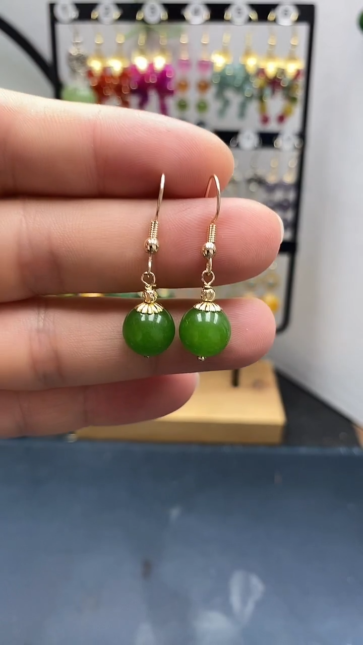 银S925镀金镶嵌和田玉耳饰尺寸10mmC1