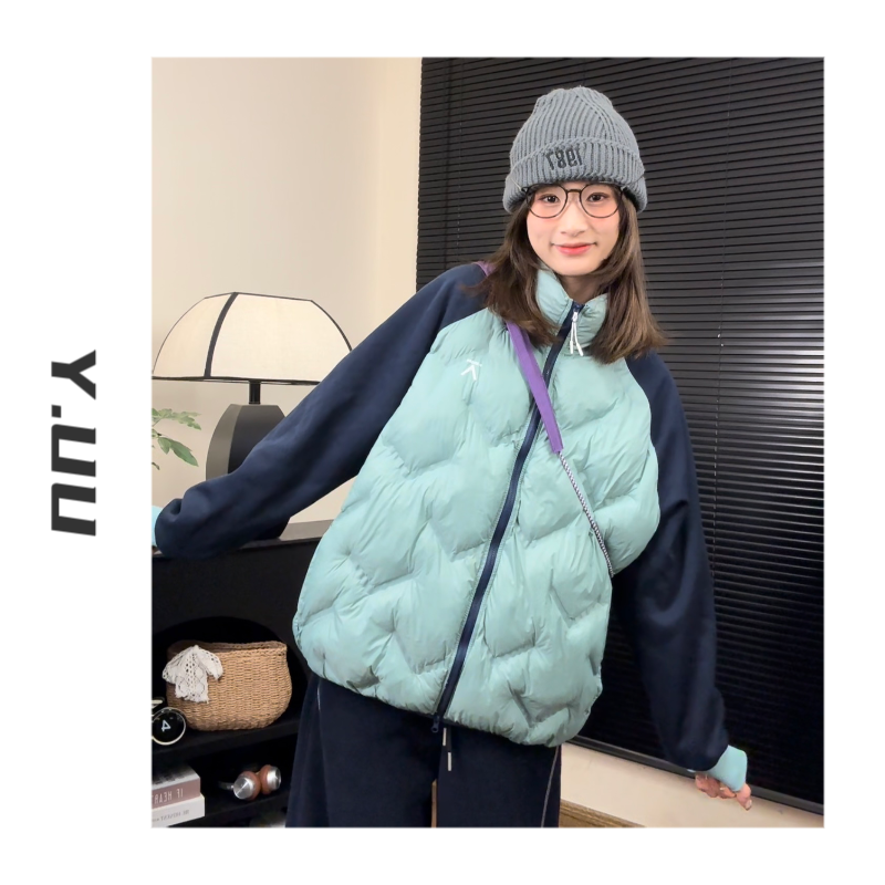 【虞UU】元气暖绵绵！新款轻量化撞色拼接男女保暖立领压胶棉服外套 