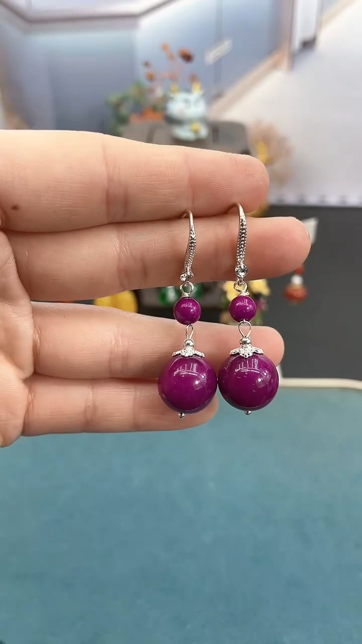 银S925镶嵌苏纪石（舒俱来）耳饰14mm舒俱双珠