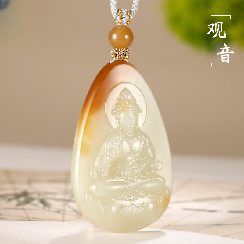 和田玉观音糖白正装坐莲观自在菩萨吊坠