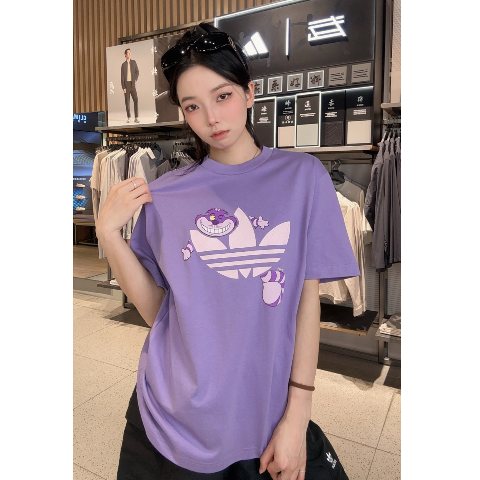adidas/三叶草迪士尼柴郡猫联名情侣款时尚百搭运动短袖T恤KY8306