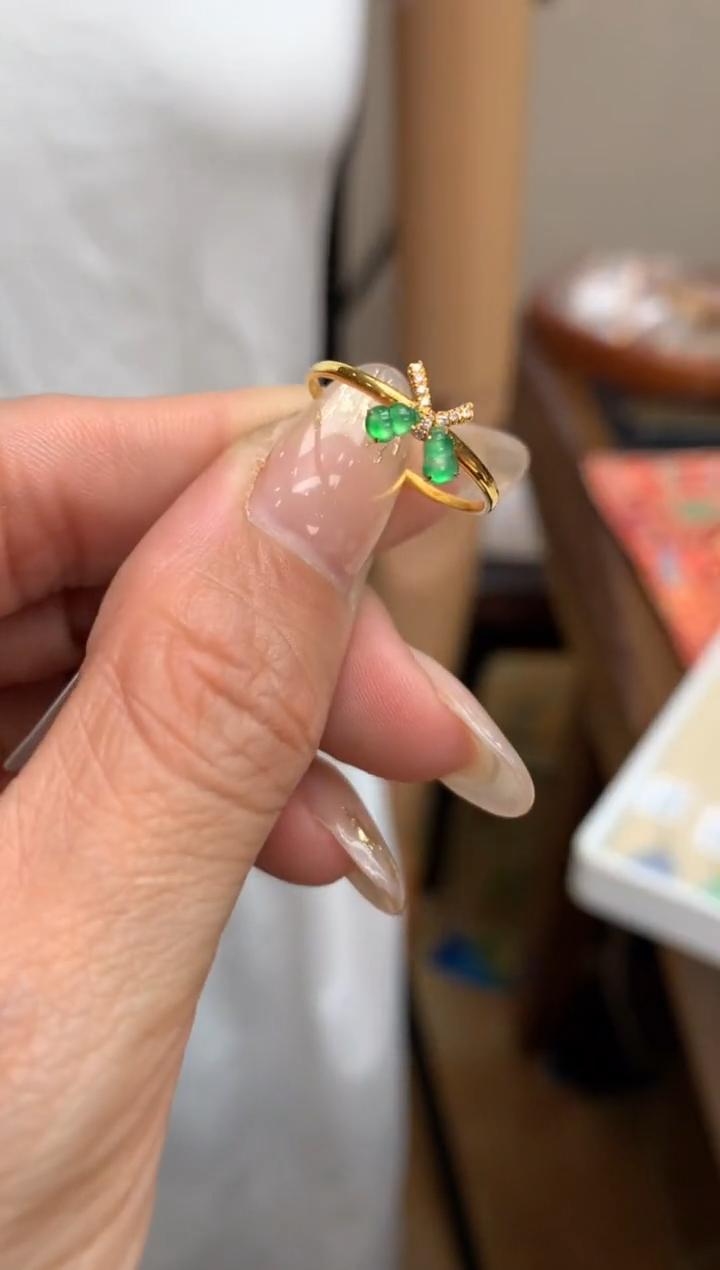 【闪购商品】翡翠戒指18K金镶嵌戒指#14圈上下两个圈口免费改