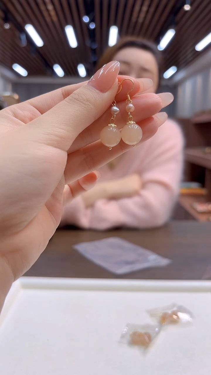 14K金镶嵌和田玉耳饰DIY款E816
