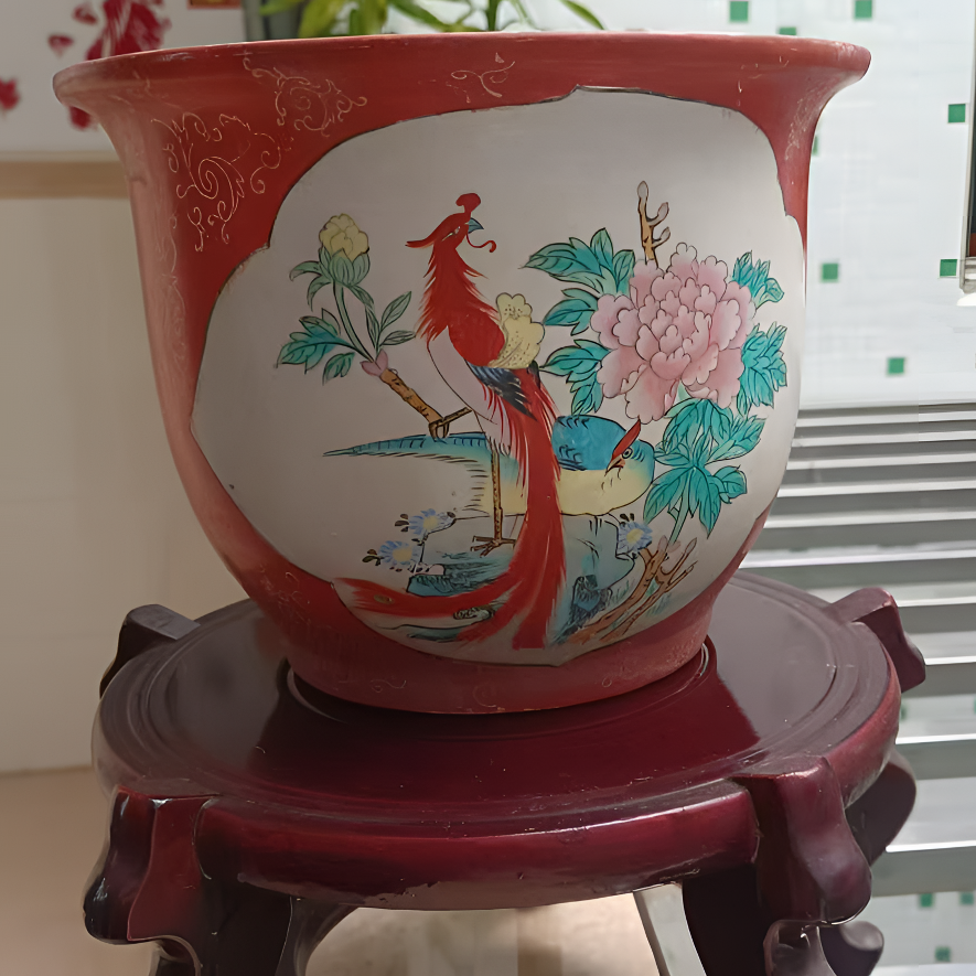 80年代手绘红釉开窗花鸟花盆，图片仅供参考，以直播间截图为准