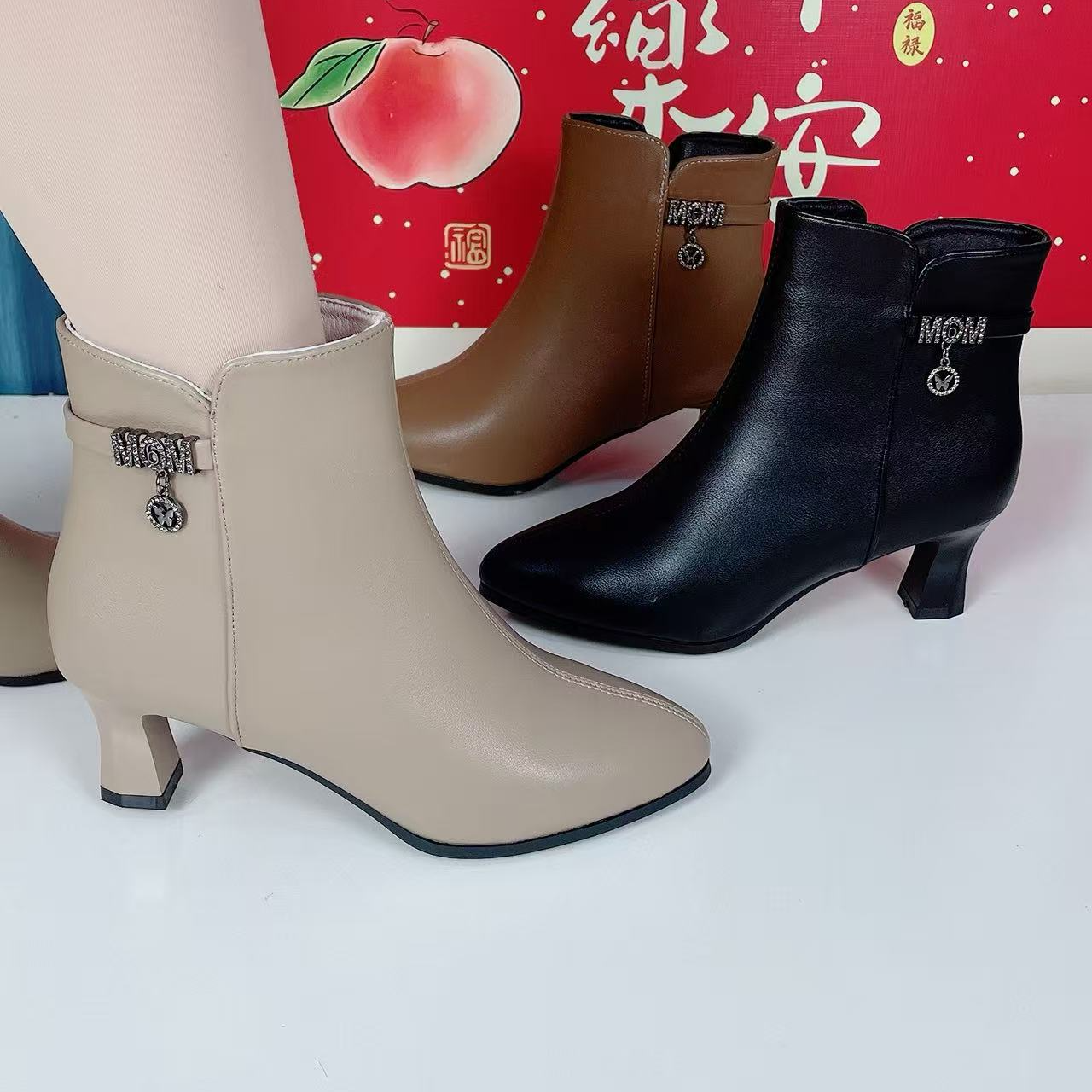 4公分-2025新款舒适防滑秋冬细方根尖头高跟法式短靴加绒中跟粗跟