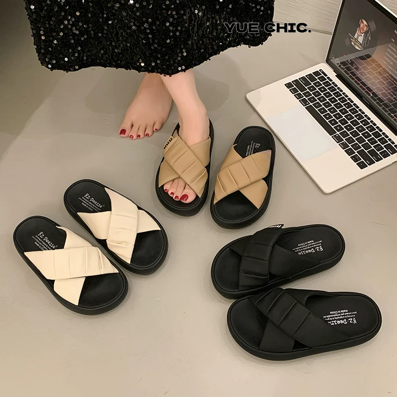 厚底高级感13交叉带凉拖鞋女外穿2025夏季新款舒适一脚蹬沙滩鞋