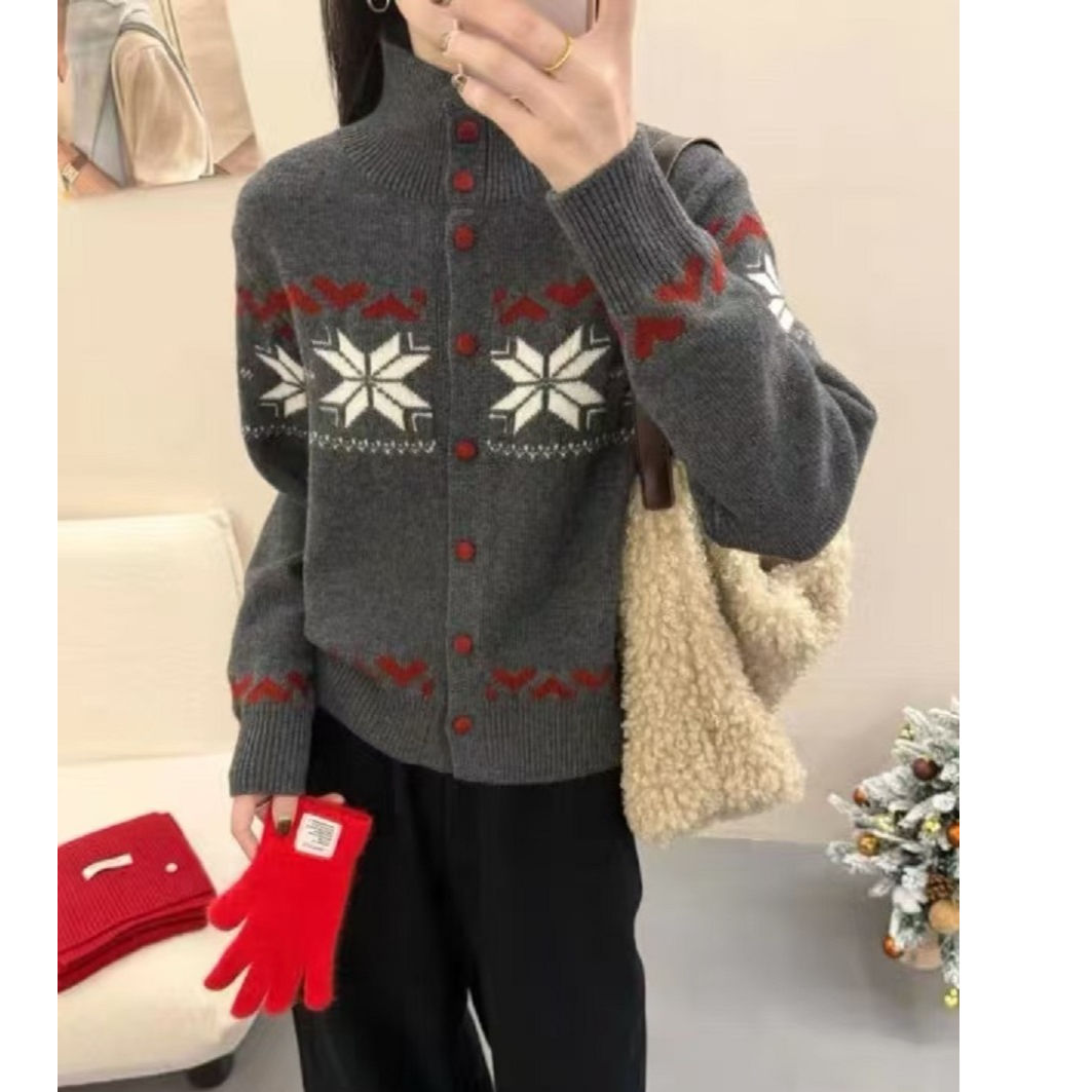 复古软糯费尔岛提花高领毛衣女秋冬新款慵懒宽松显瘦叠穿针织开衫