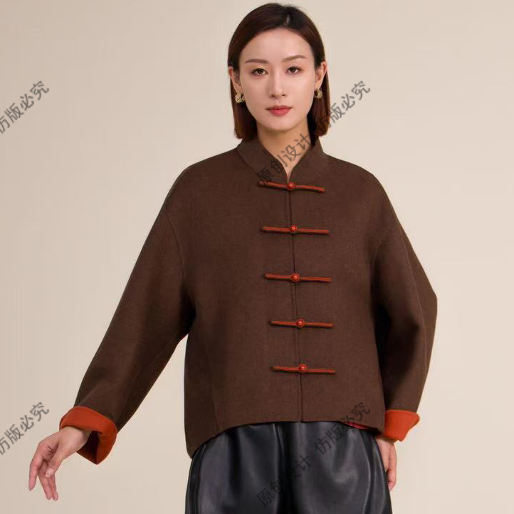 新国风双面毛呢外套100%美丽诺绵羊毛大衣羊绒轻奢新中式国风女装