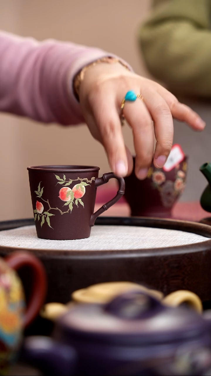 茶壶紫砂紫泥竹节手把杯桃子