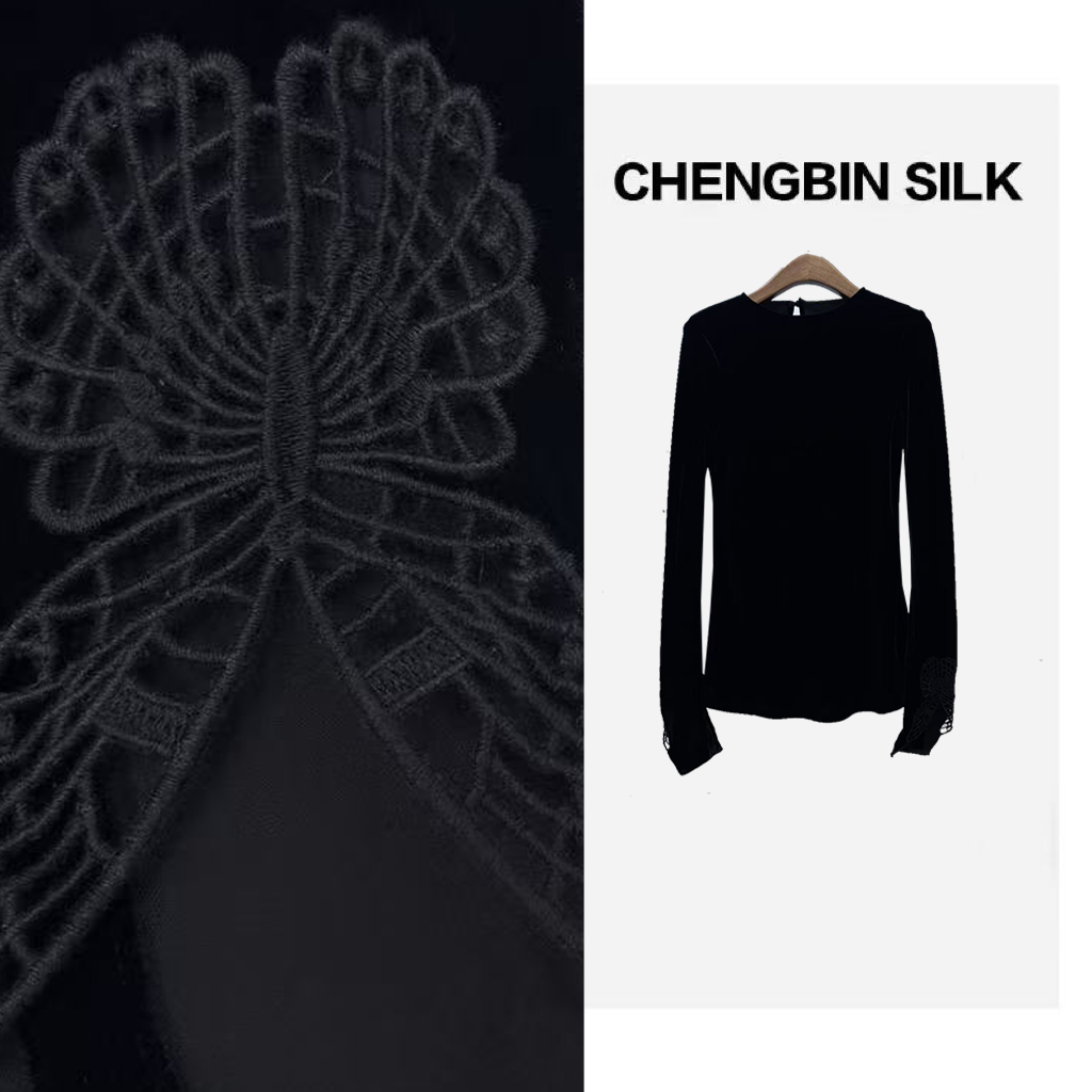 新款桑蚕丝丝绒蝴蝶刺绣圆领正肩斜裁长袖上衣打底衫193118显瘦