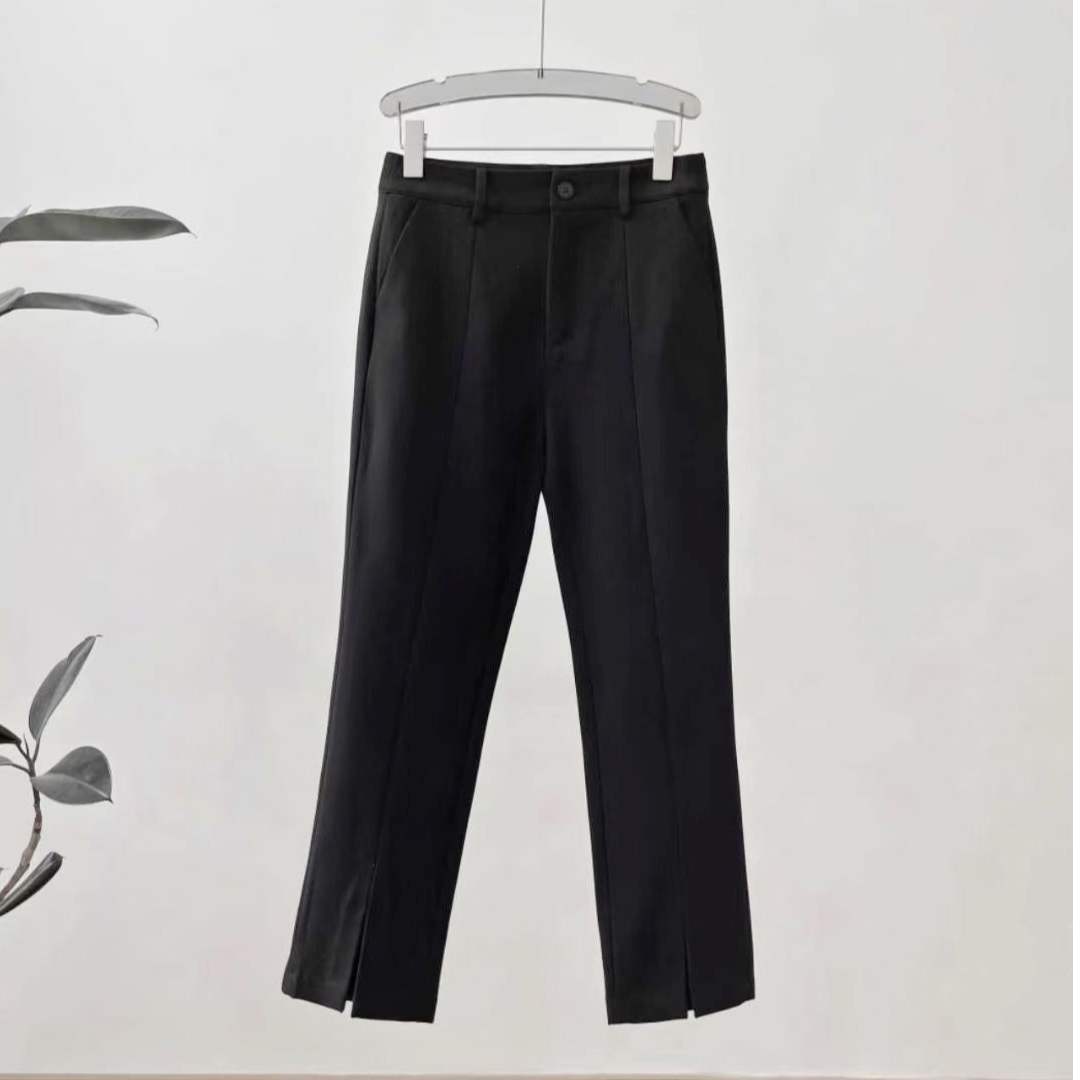 经典老钱风简约纯色前开衩直筒九分裤