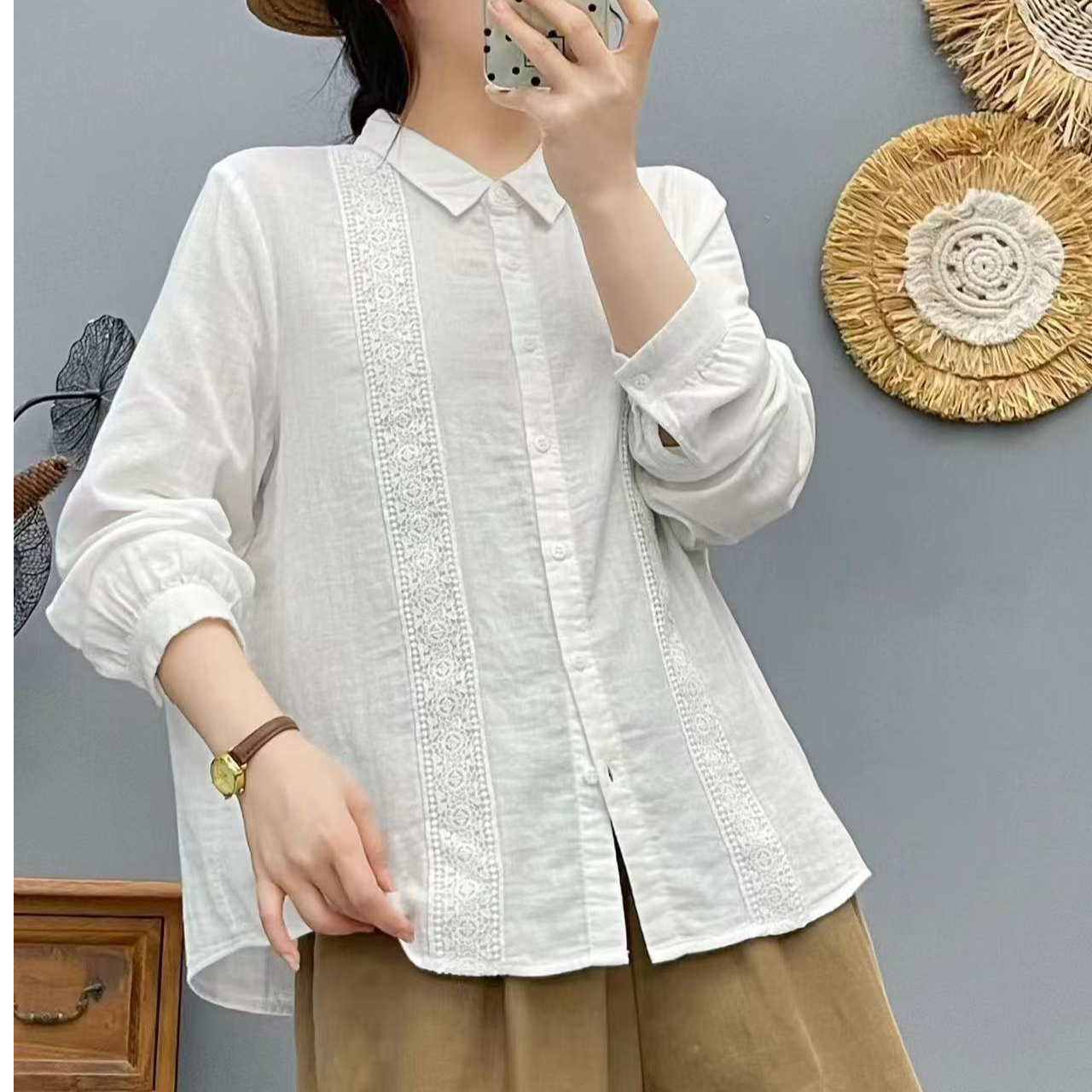 依米 早春新款尖领花边设计纯棉长袖衬衫女款休闲宽松百搭上衣