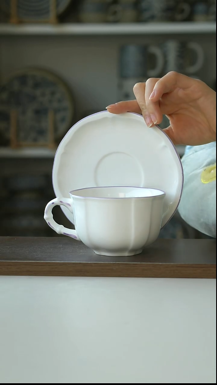 陶欧式浮雕紫边咖啡杯碟280ml@4-2@微瑕