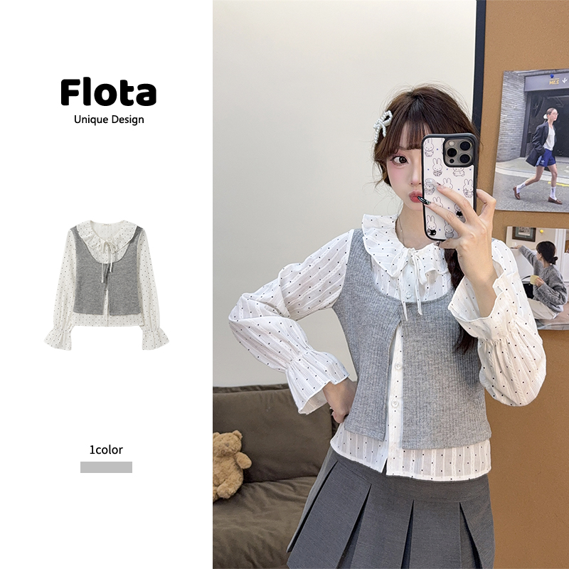 【flota】韩系chic假两件波点娃娃领拼接长袖衬衫喇叭袖上衣女2719