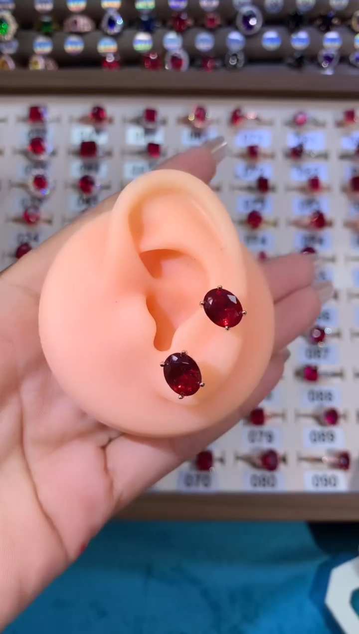 耳饰银S925镶嵌红宝石810酒红玫瑰金