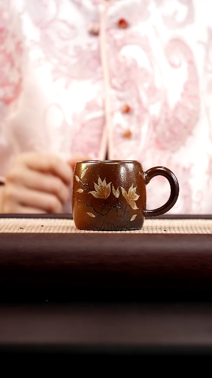 茶杯紫砂柴烧玉兰花开把杯