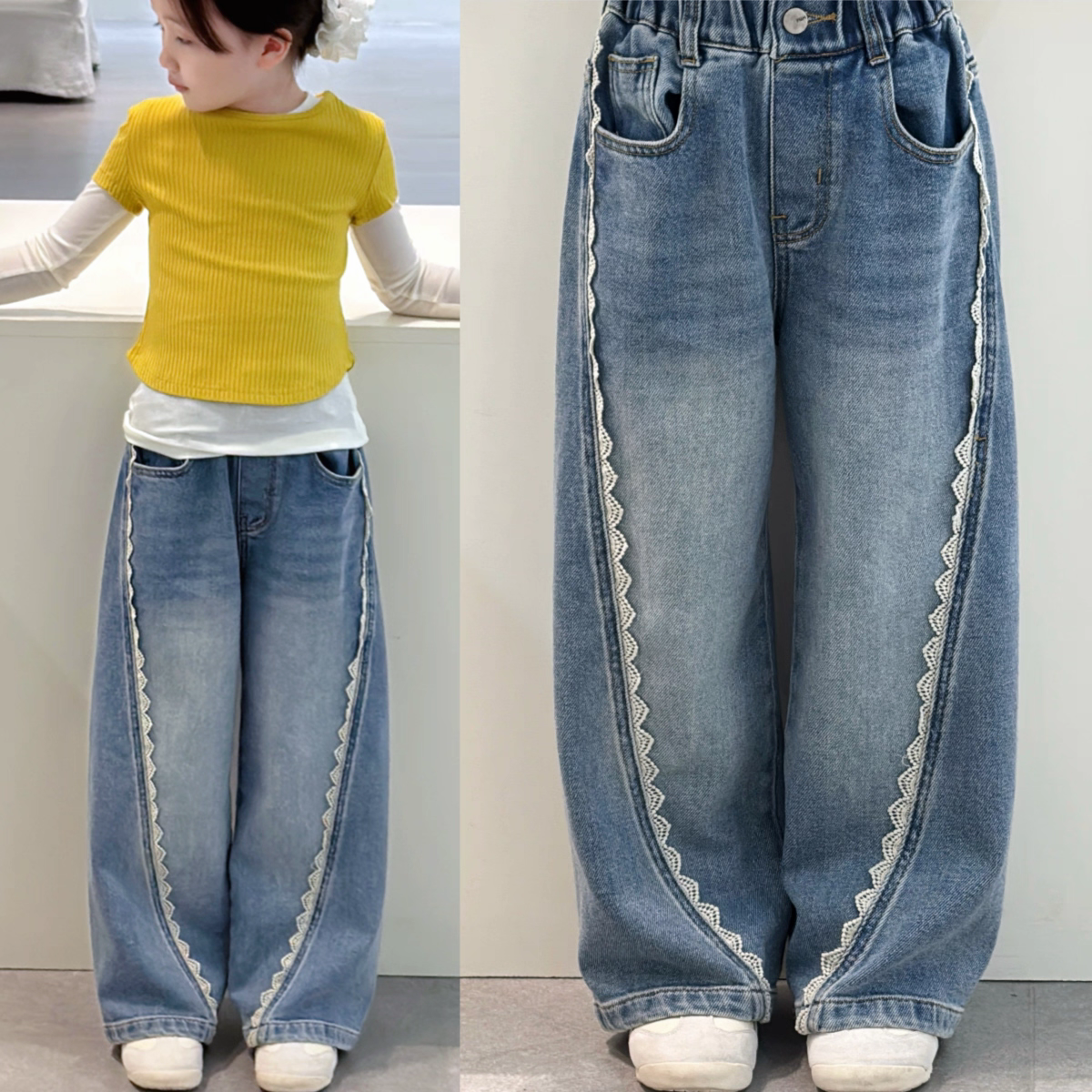 女童直筒牛仔裤哈比诺2025秋女大童宽松裤子儿童洋气阔腿裤