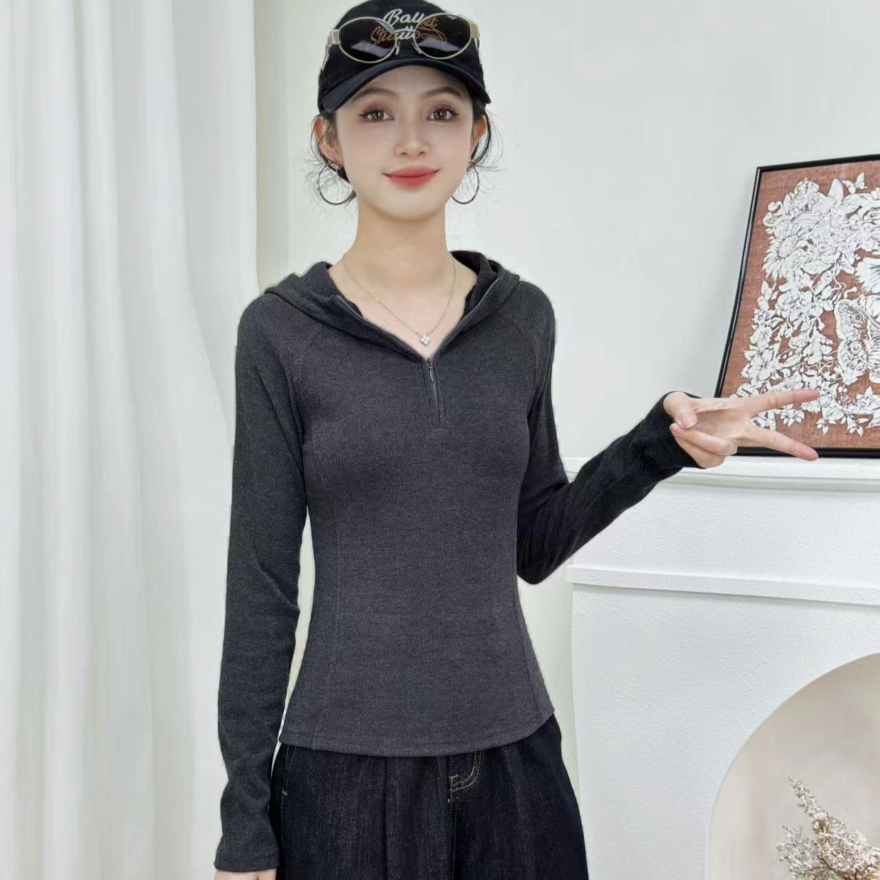 网红韩版女装连帽拉链修身T恤秋冬新款上衣纯色简约打底衫8509