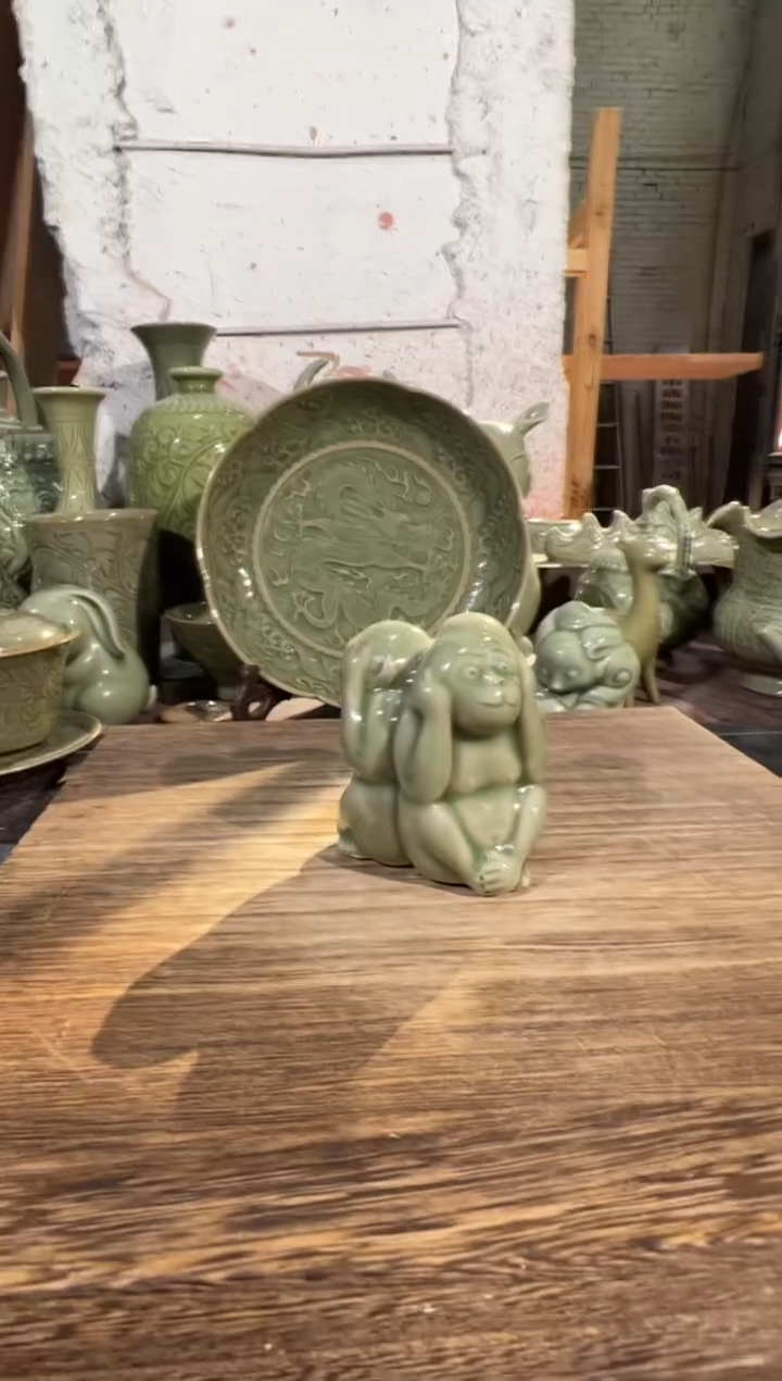 耀州窑三不猴摆件