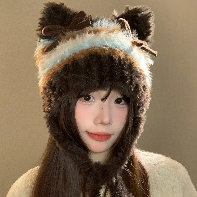 蝴蝶结猫耳朵毛绒帽女秋冬季条纹护耳针织帽显脸小保暖毛线帽子