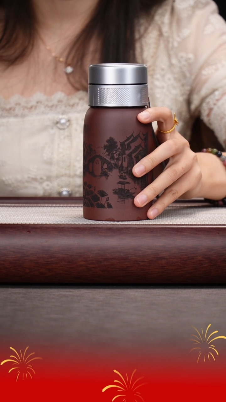 茶壶紫砂底槽清山水刻绘保温杯