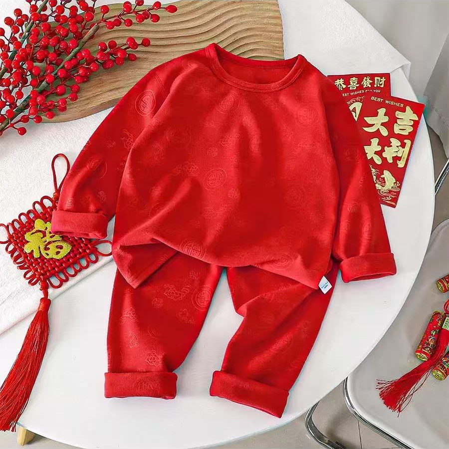 儿童本命年宝宝压花红色大红德绒保暖内衣套装男童女童秋衣秋裤