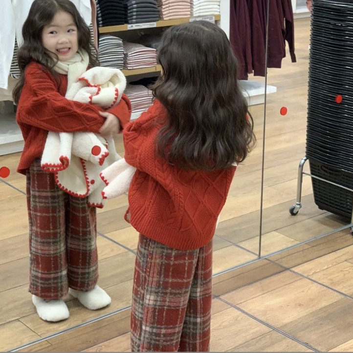 韩版2025新款秋冬季女童套装圣诞新年菱形格针织毛衣+红格长裤