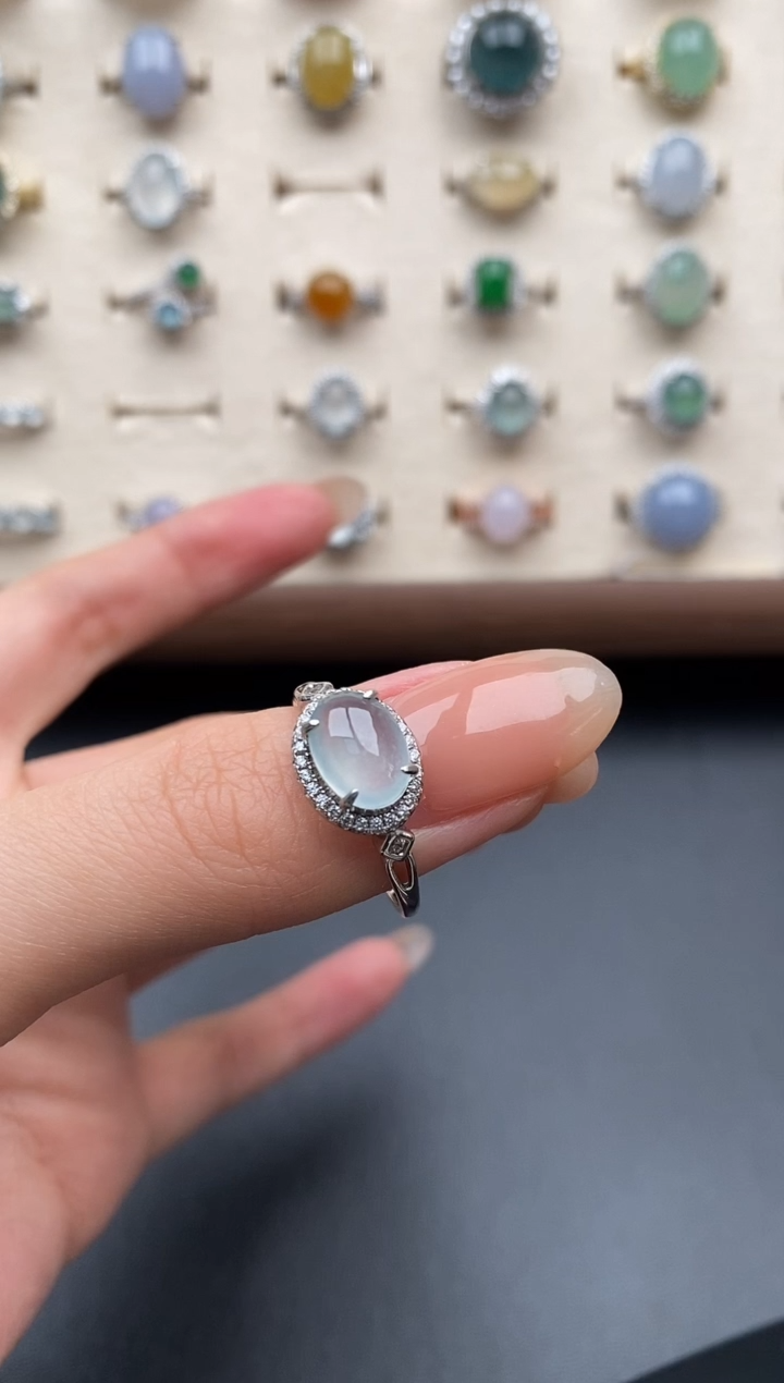 银S925镶嵌戒指翡翠欢**坨一物一证一礼盒