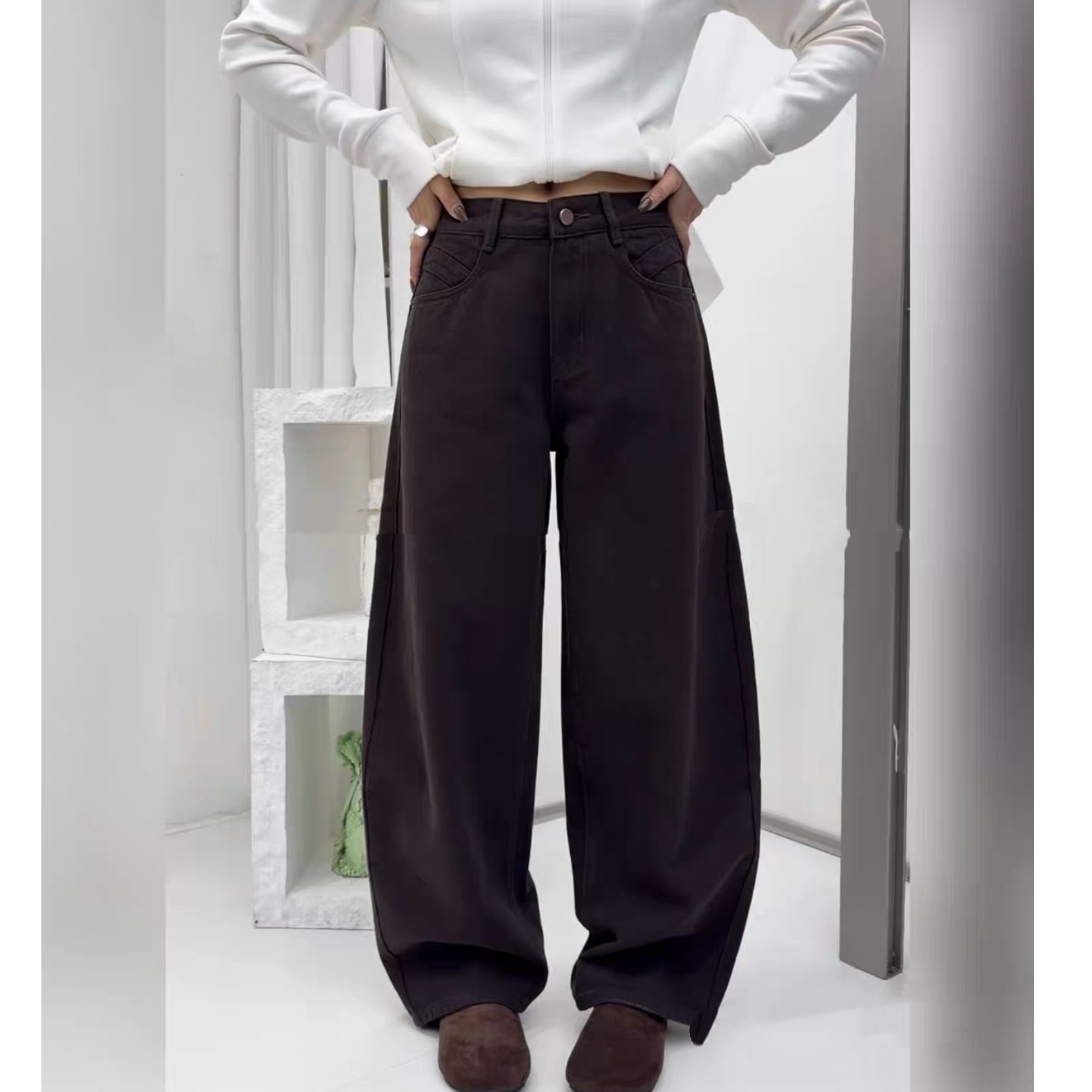 SU【692】花67 愫思 冬季高腰咖色加绒显瘦宽松弯刀长裤牛仔裤