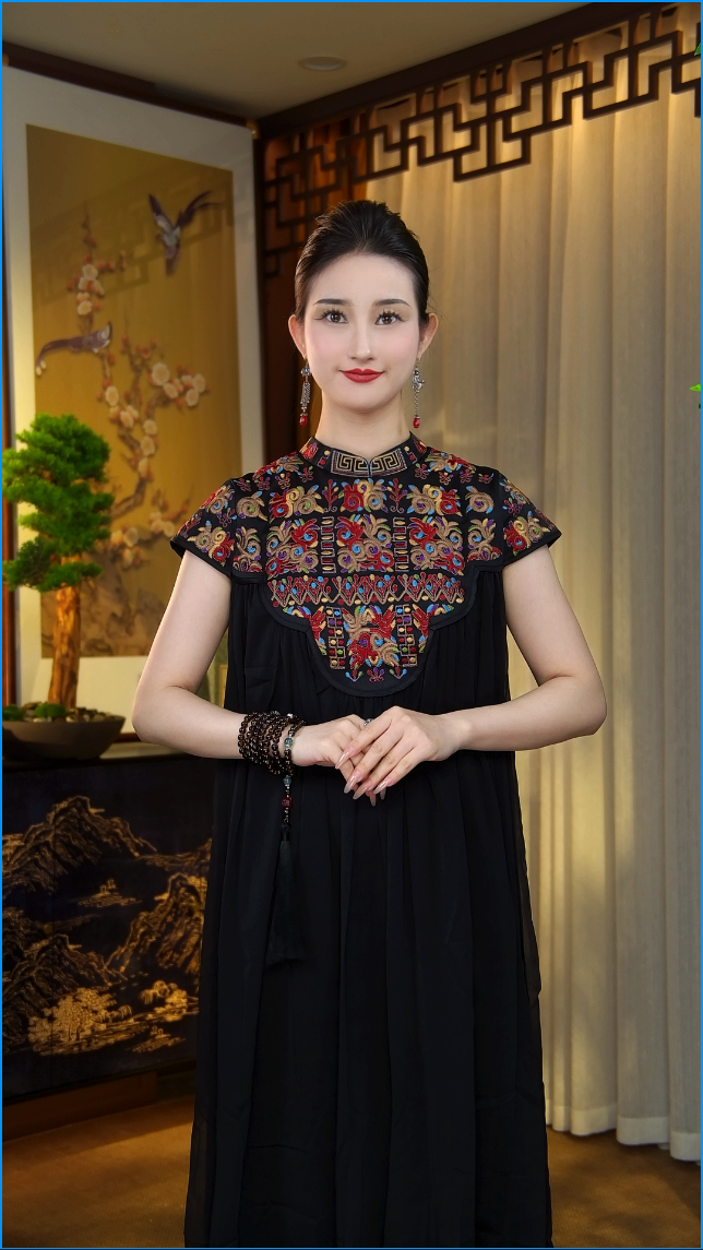 [WYZAKING]【墨·染】新中式重工刺绣国风长款短袖连衣裙