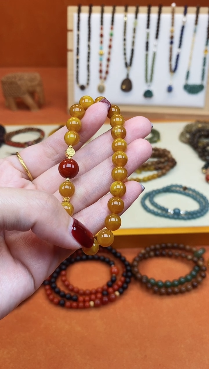 手链蜜蜡未镶嵌单圈蜜蜡08南红玛瑙手串