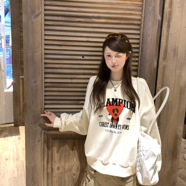 aaaaxbbb LA漫步 小狗爱心印花卫衣oversize宽松设计感长袖上衣女