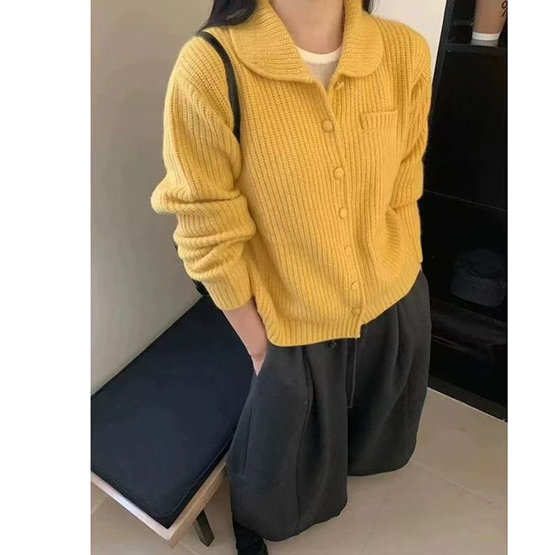 秋冬翻领韩系针织衫纯色百搭减龄开衫毛衣女1479-1