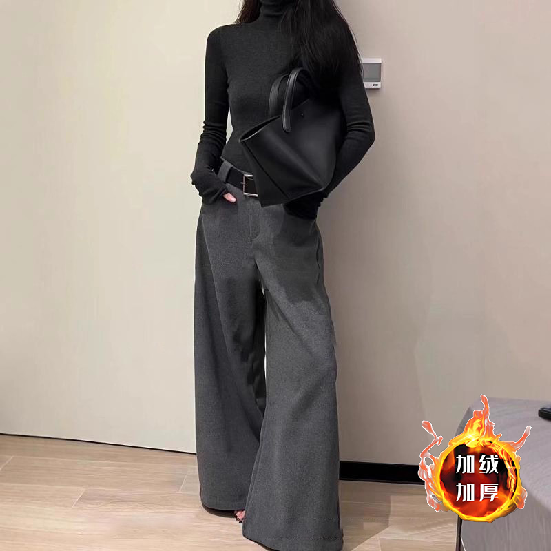 秋冬新款韩版低腰呢子休闲阔腿裤拖地长裤女潮流宽松垂感灰色裤子