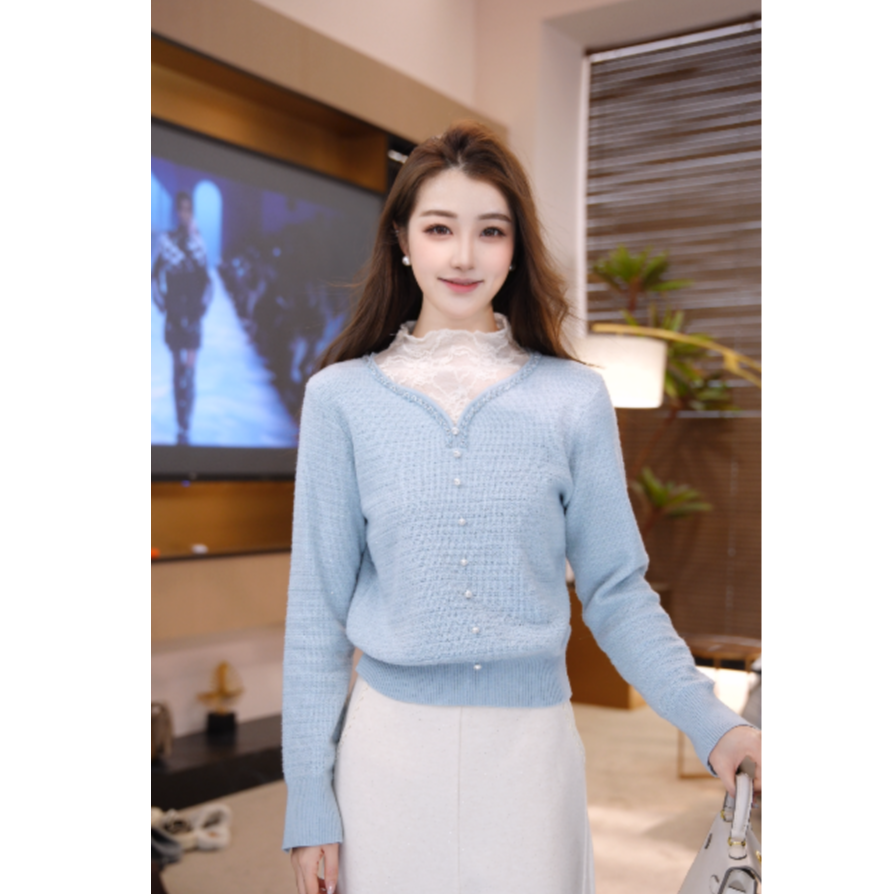 【婷婷】碧落千缕秋冬新款气质百搭遮肉显瘦蓝色针织衫2512355