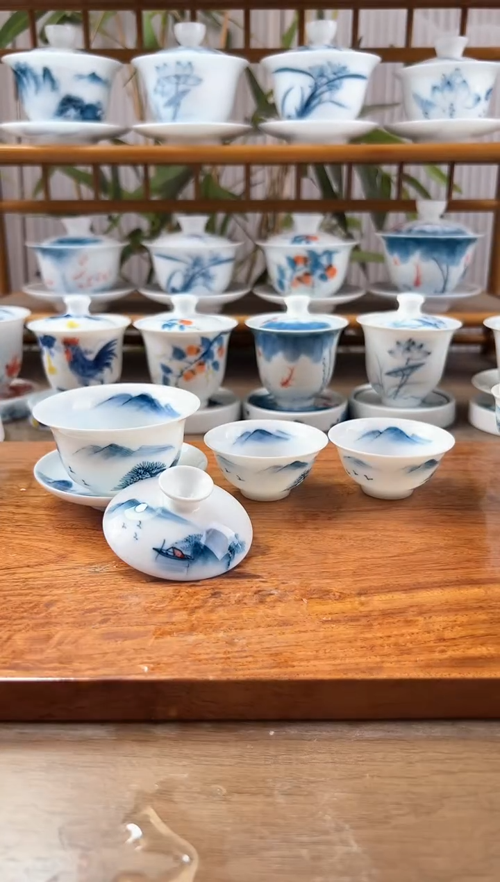 微瑕千里江山80ml三才盖碗+小玉兰杯2个