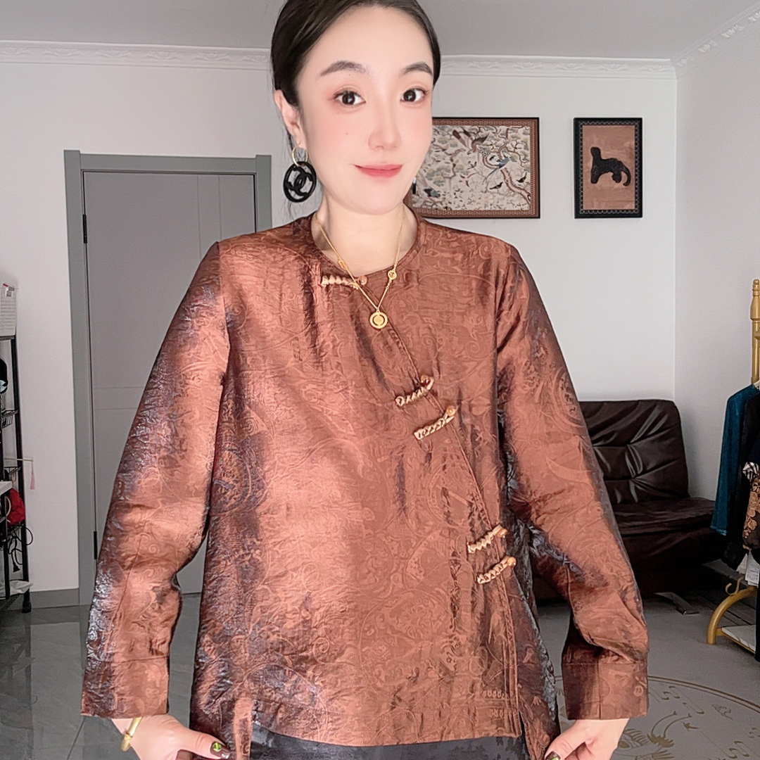 圆领提花流光绸常规花纹斜襟上衣小衫宽松重磅衬衣