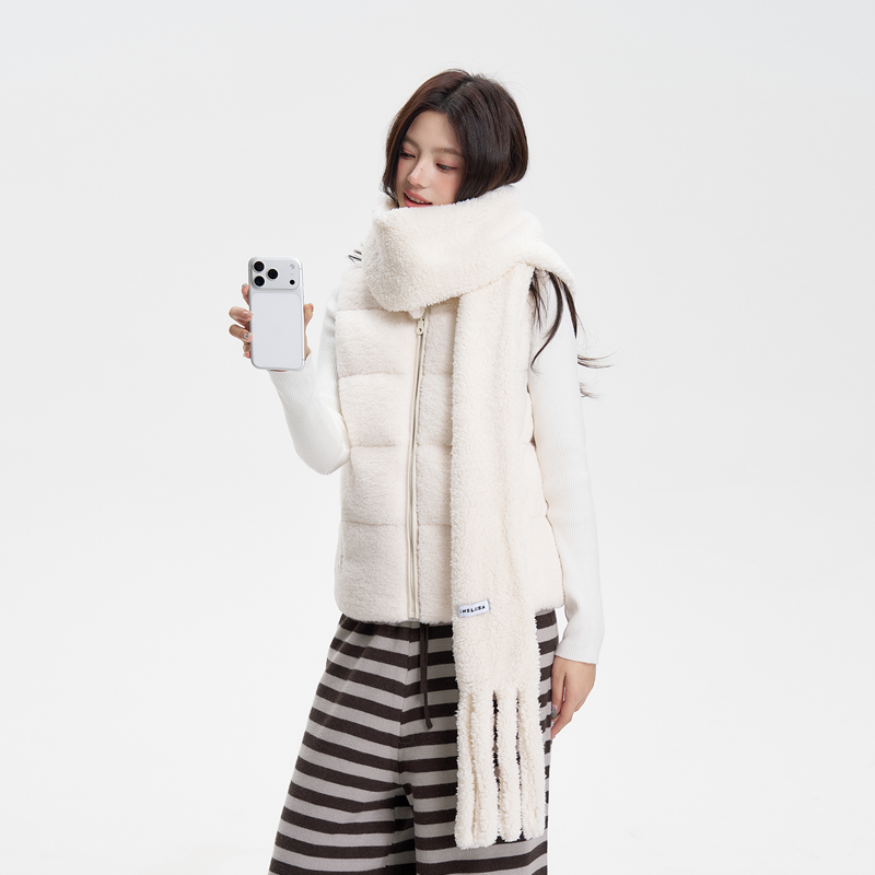 iNSLiiSA 立领羊羔毛马甲女冬季保暖无袖外穿韩系奶白色马夹