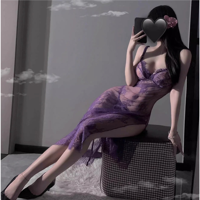 紫色吊带睡衣女套装性感蕾丝诱惑开叉长裙战袍