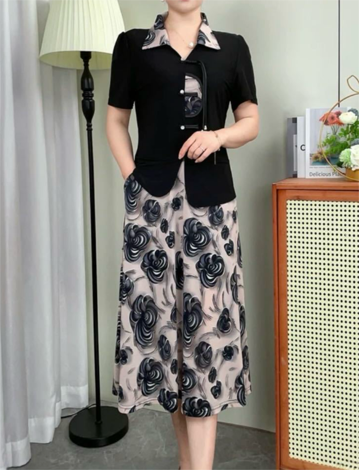 (大码有口袋)夏季时尚新中式洋气气质显瘦假两件妈妈女装洋气
