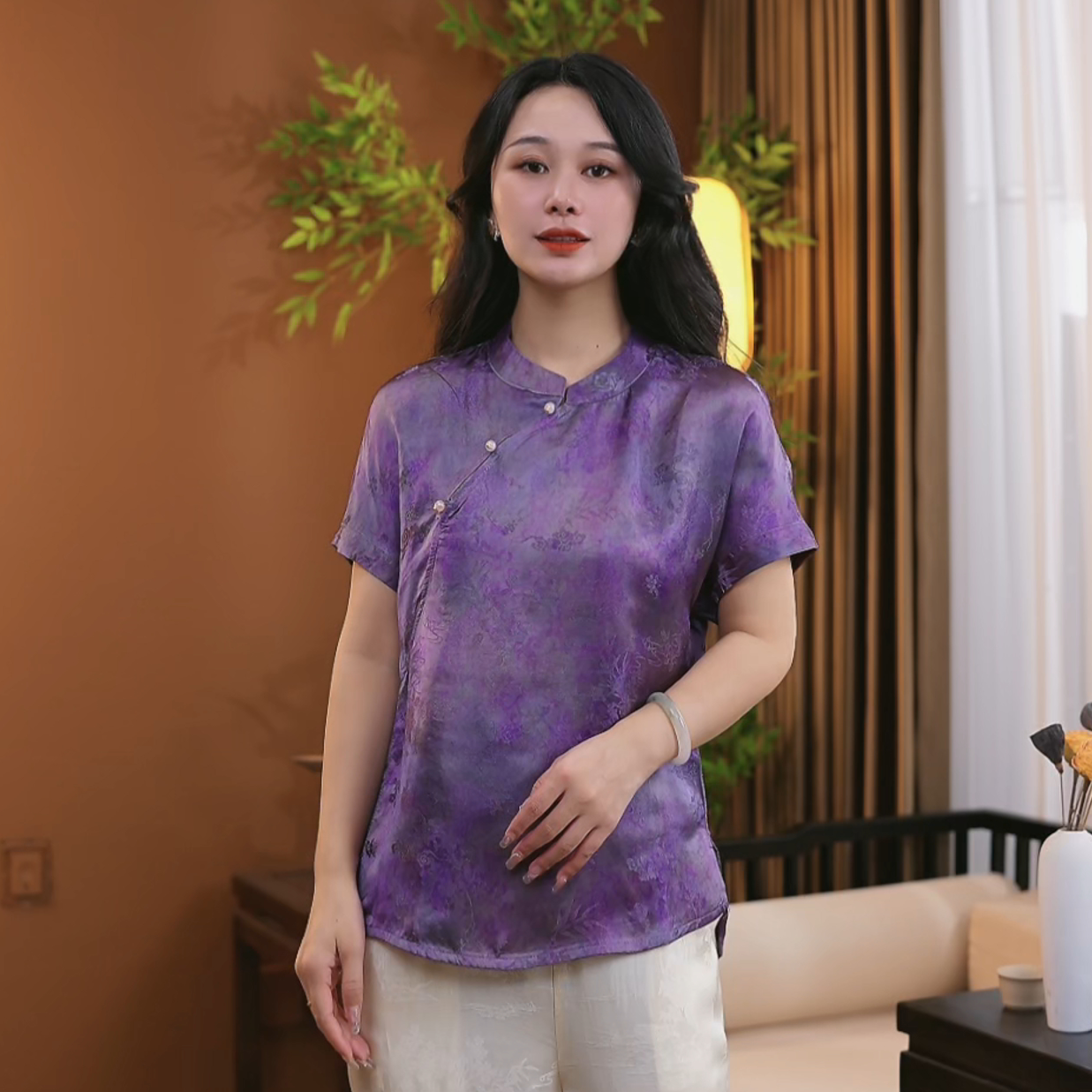 夏季新中式桑蚕丝盘扣短袖时尚提花中国风百搭上衣女S204