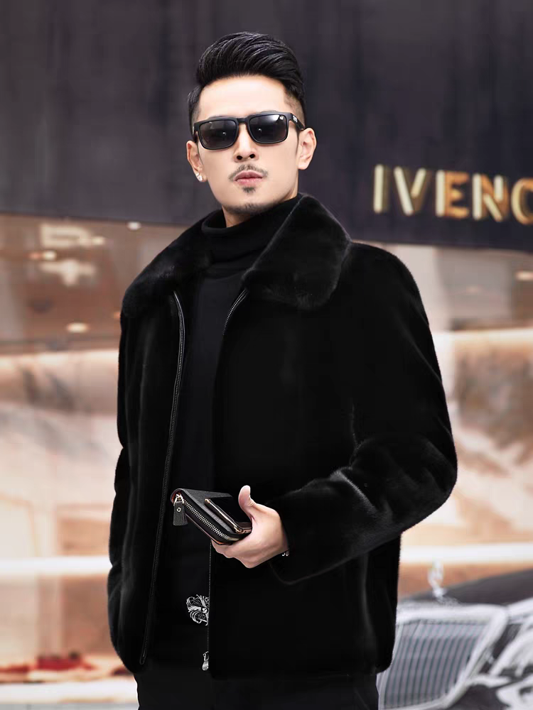 男士冬季新款加绒保暖商务休闲时尚大码男装翻领皮毛一体外套男