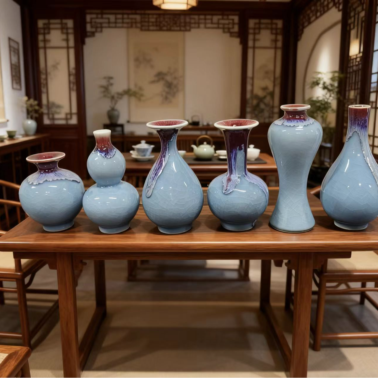 颜色釉陶瓷花天蓝插小花瓶-茶道配件F