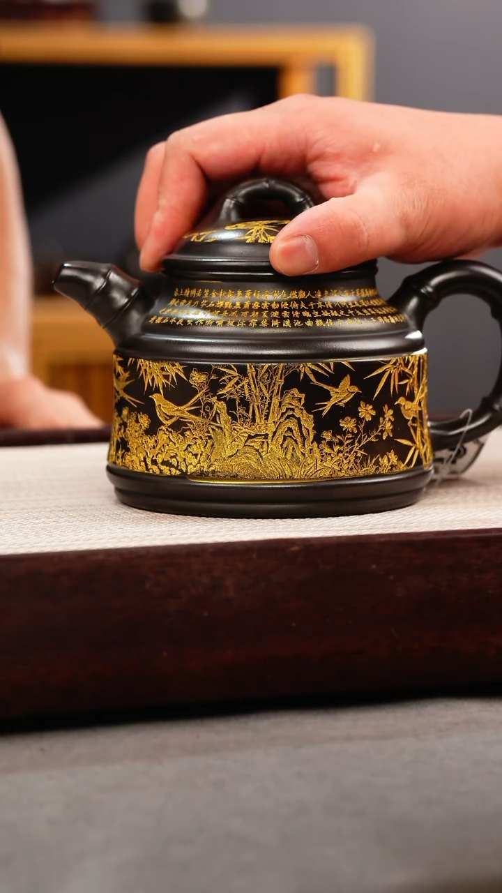 茶壶紫砂石黄 竹鼎 燕子图 描金