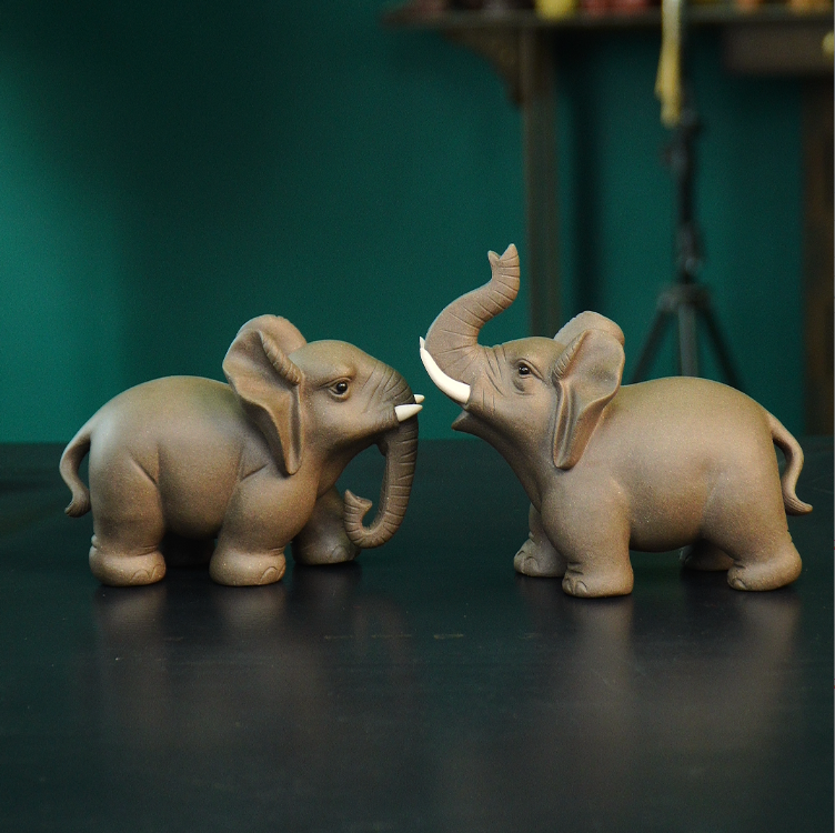 大象一对 宜兴紫砂茶宠摆件