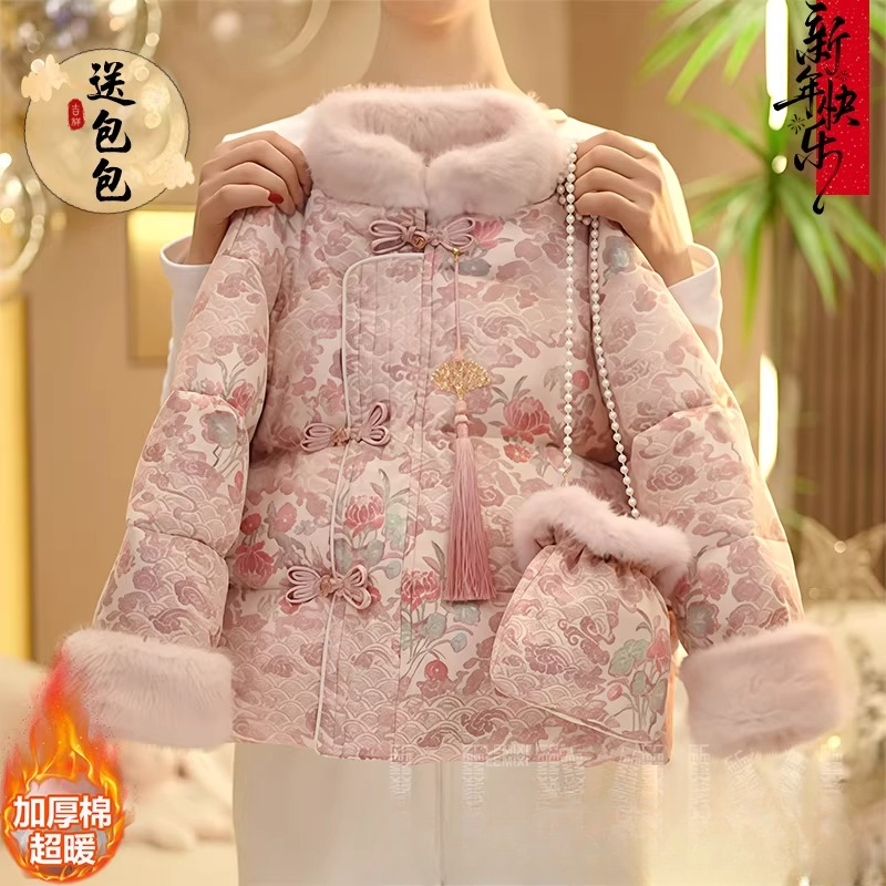 女童碎花毛领国风羽绒棉服2026新款冬装新中式碎花加厚棉衣棉袄潮