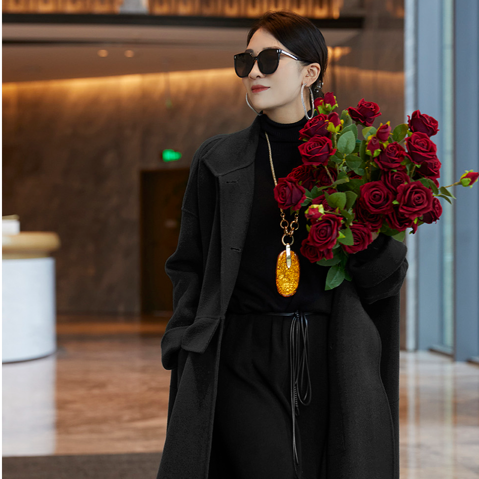 ZX23712黑色长款休闲大衣